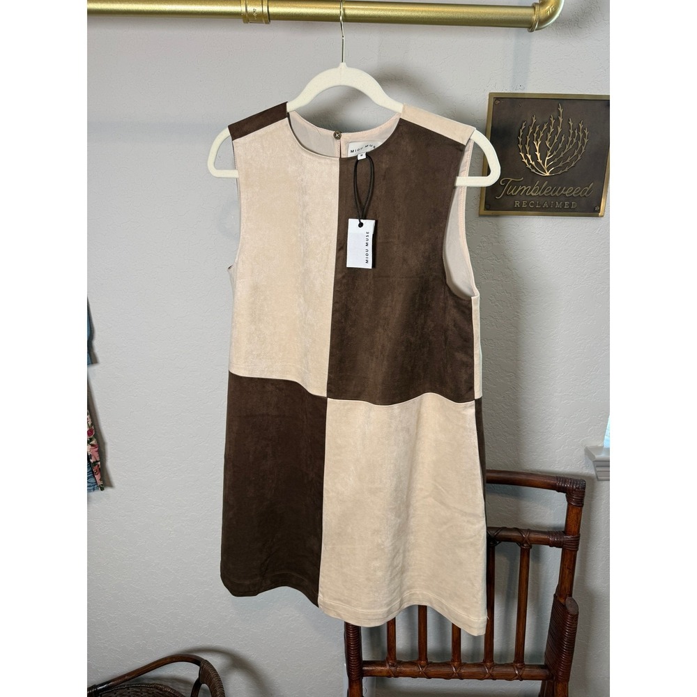 Miou Muse Womens Brown Cream Colorblock Faux Suede Checkerboard Mini Dress M NEW - Picture 7 of 9